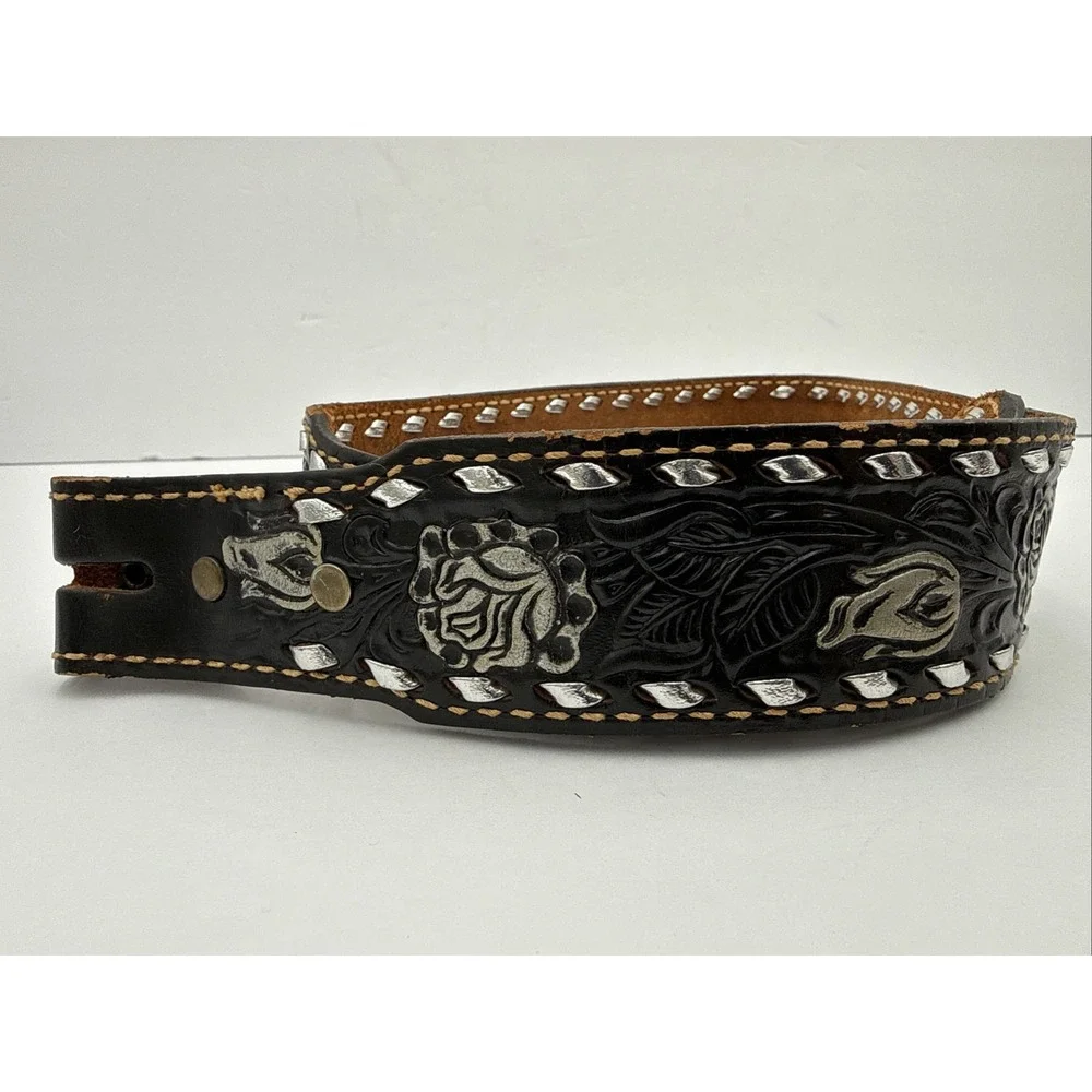 Vtg Hand Tooled Black Leather Belt Roses Embossed 